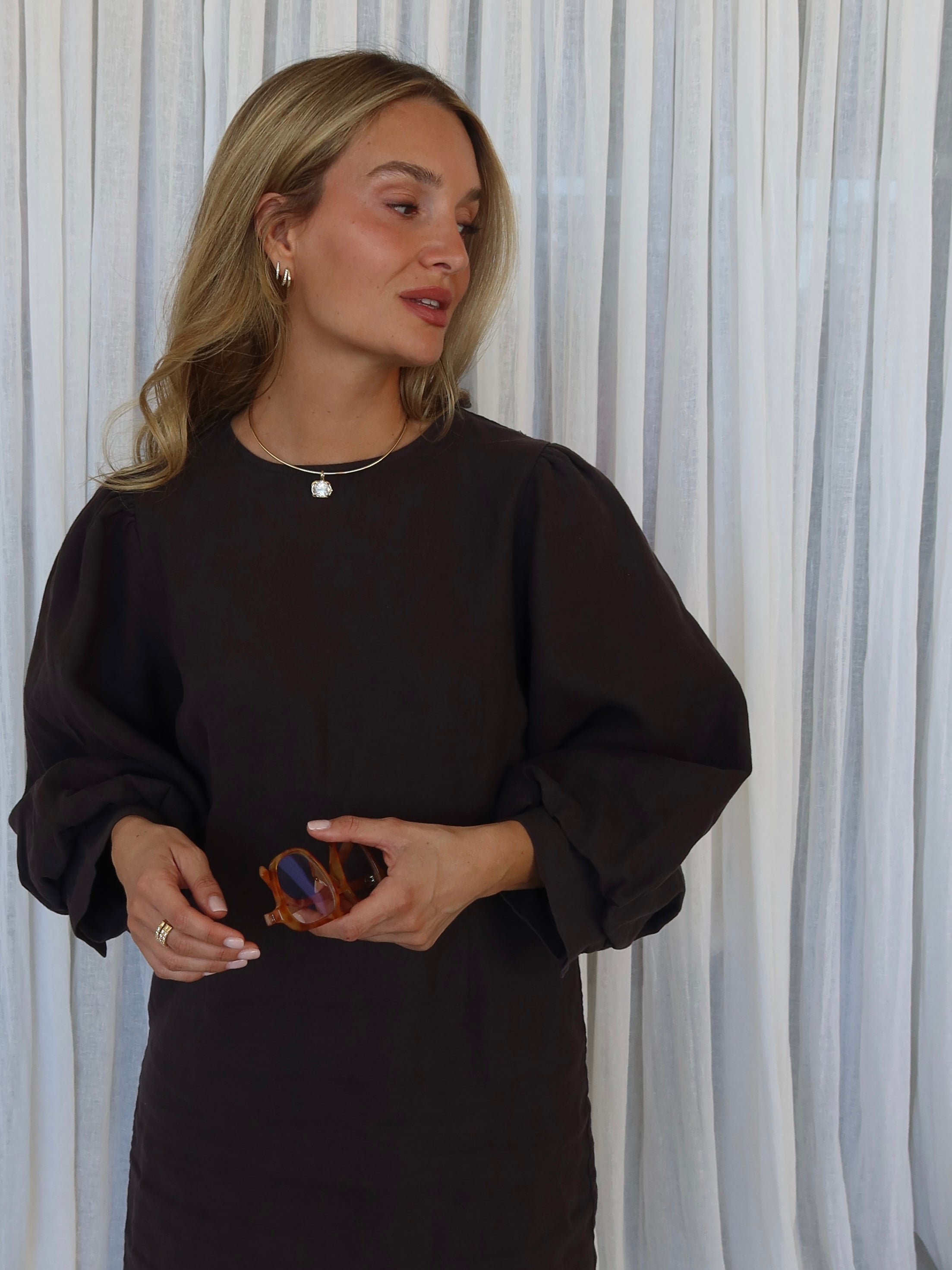SOHO STUDIOS BELLA LINEN DRESS raw chocolate